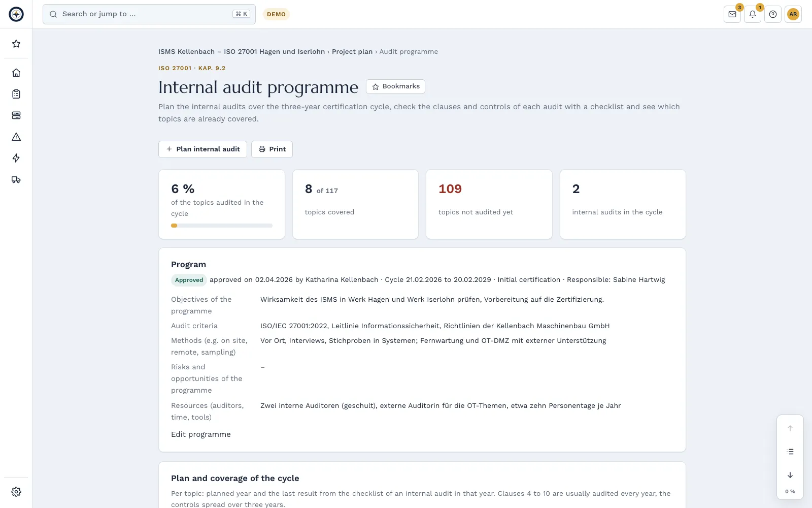 Internal audit programme of the demo company with the share of audited topics in the cycle