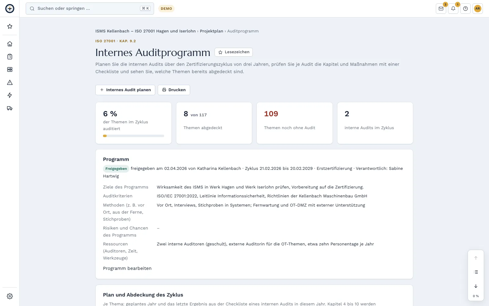 Internes Auditprogramm der Demo-Firma mit Anteil der auditierten Themen im Zyklus