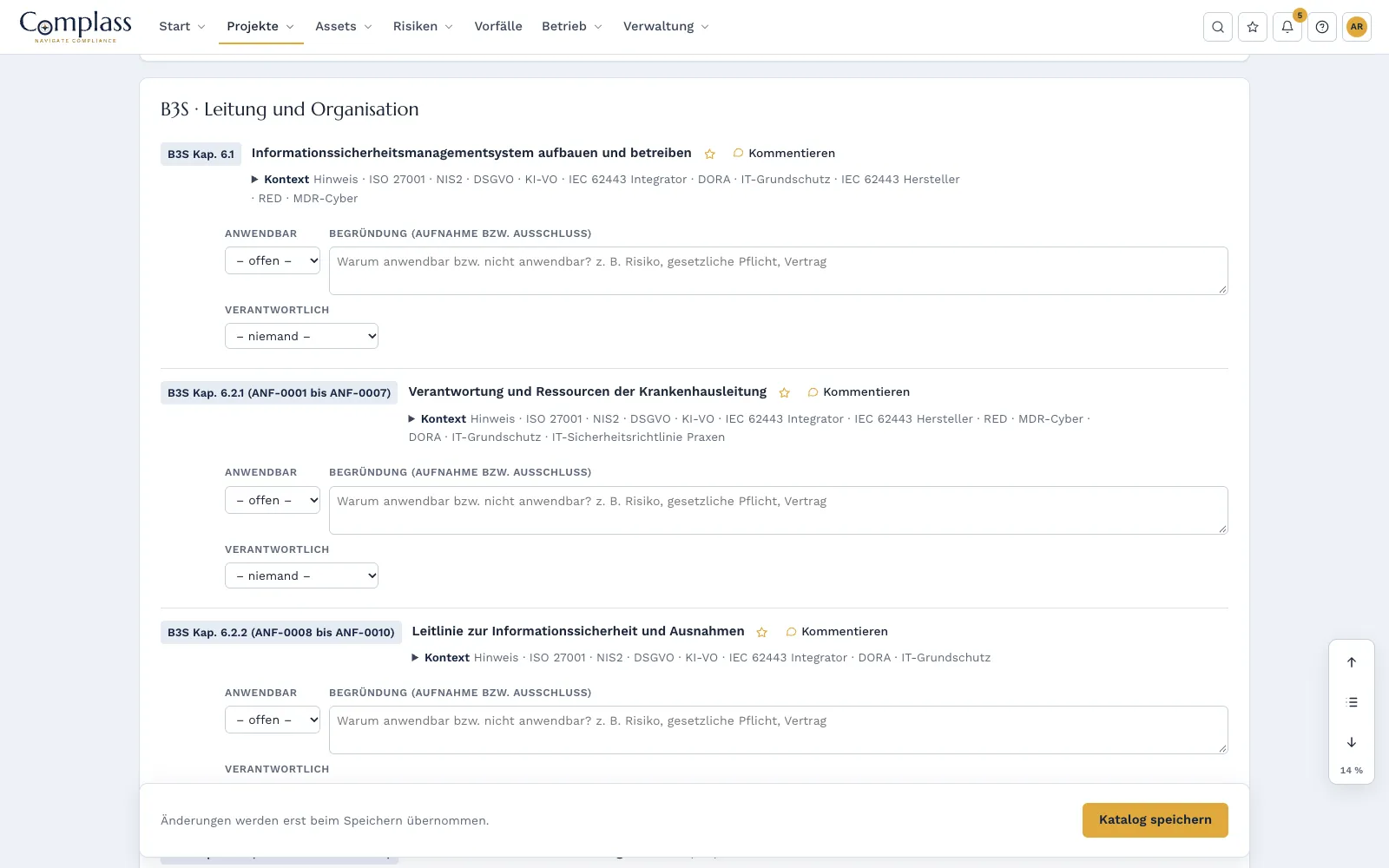 B3S-Katalog in Complass: Anforderungen in eigenen Worten mit Verweis auf Kapitel und ANF-Nummern, Anwendbarkeit und Verantwortlichen (Beispielprojekt)