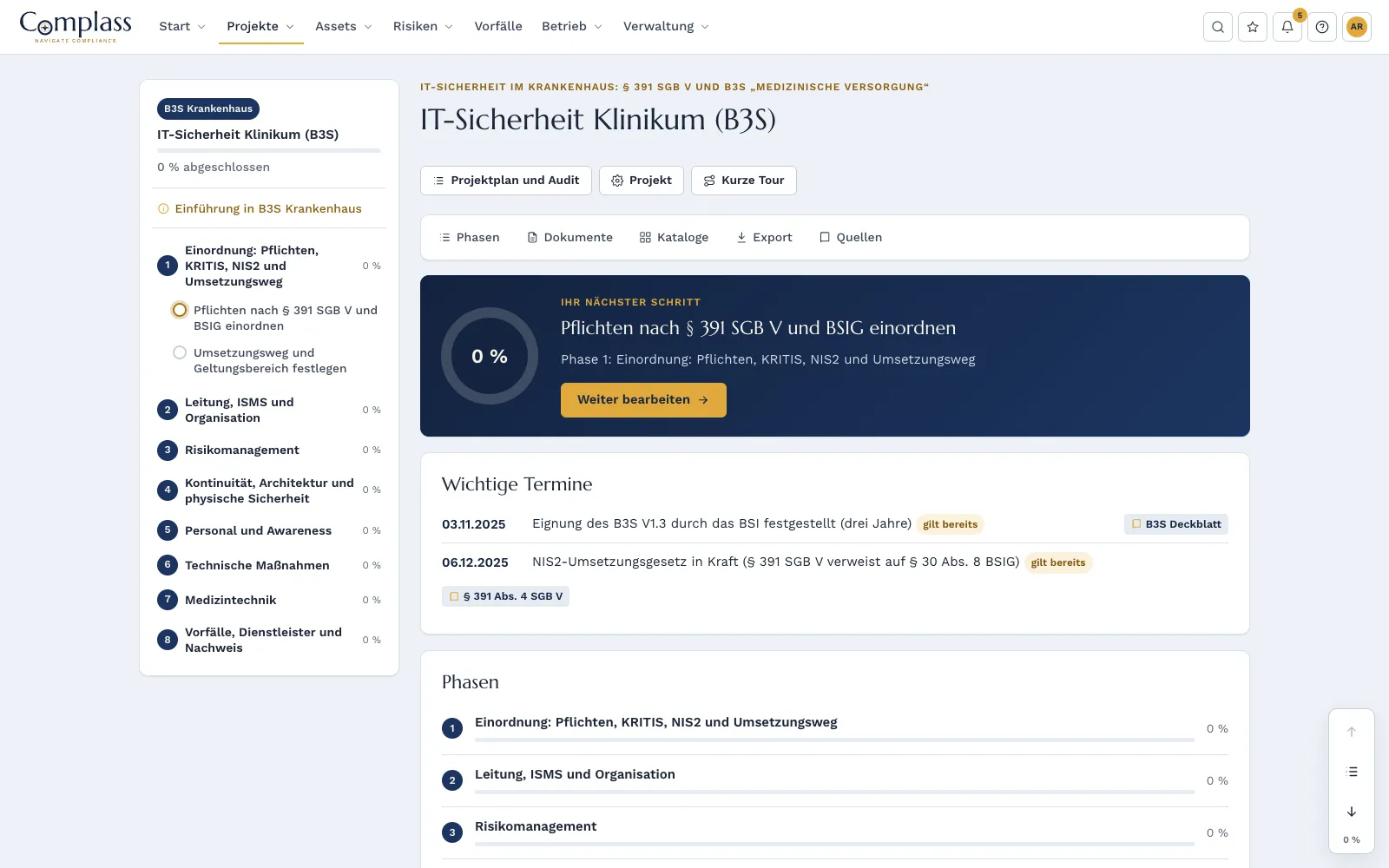 Geführtes B3S-Projekt in Complass mit acht Phasen von der Einordnung nach § 391 SGB V und BSIG bis zum Nachweis (Beispielprojekt)