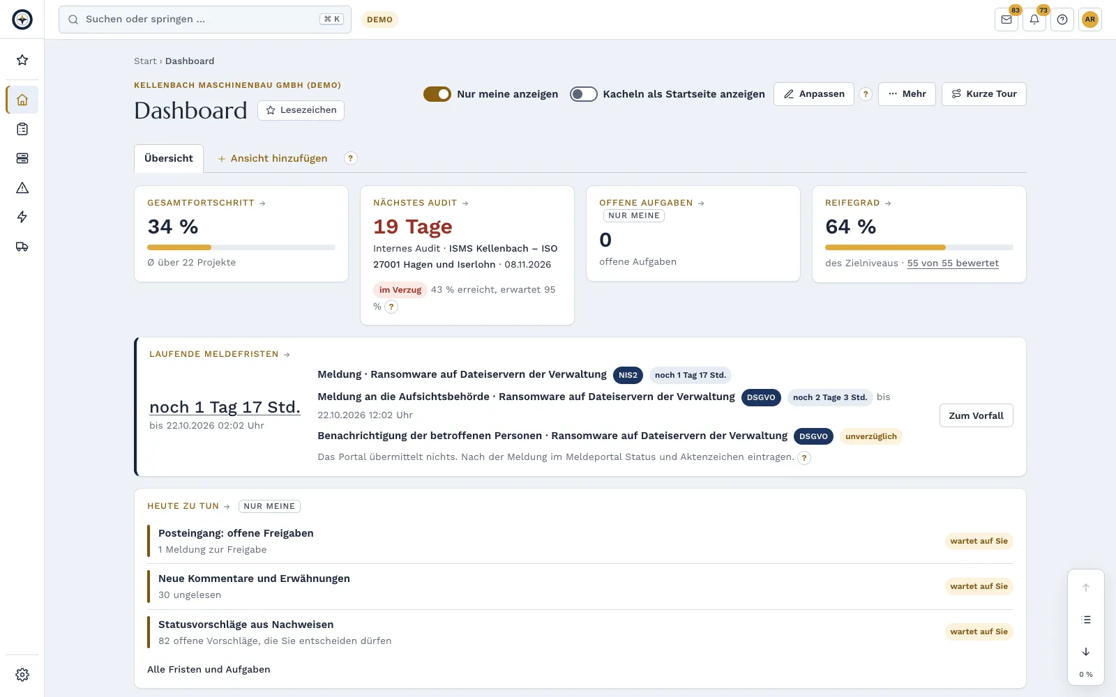 Dashboard with tiles: Progress, deadlines, tasks, reporting deadlines and vulnerabilities at a glance, with templates per role.