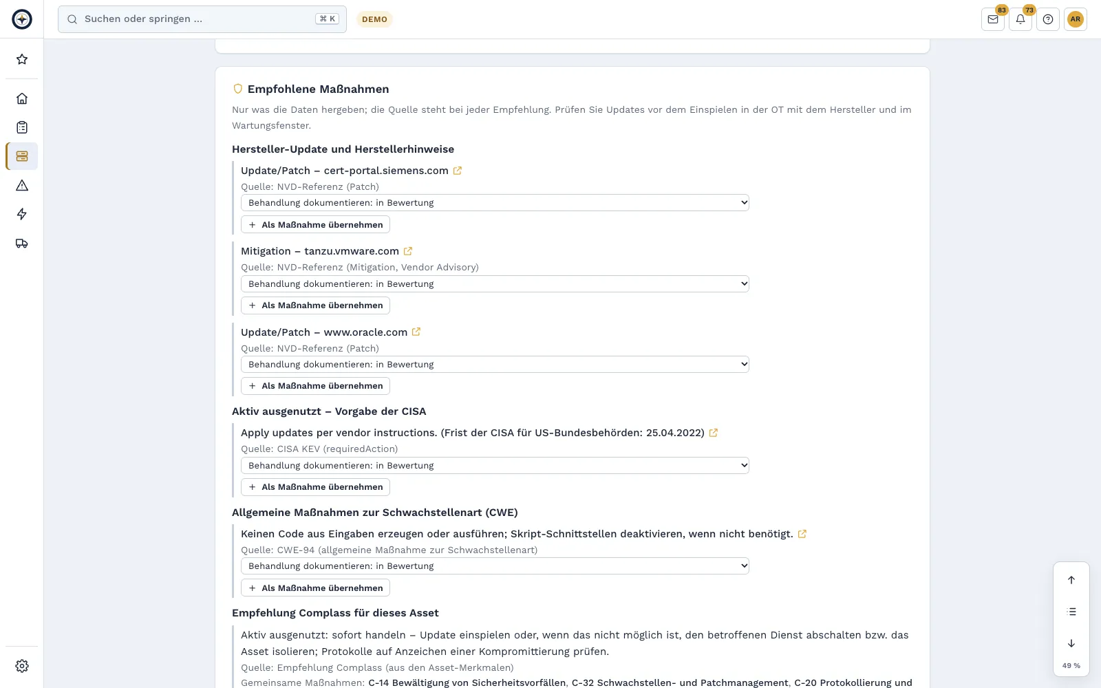 Recommended measures for a vulnerability with source and adoption into the action plan
