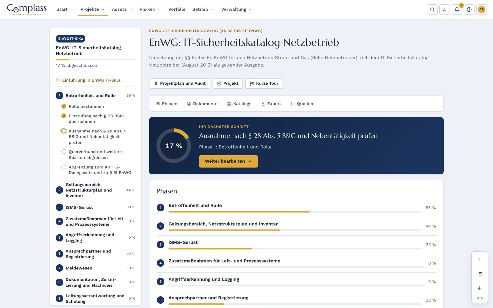 EnWG project in Complass: progress 16 percent, next step “check the exemption under section 28(5) BSIG and secondary activity” and the ten phases from “applicability and role” to “supply chain and critical functions” with progress bars.