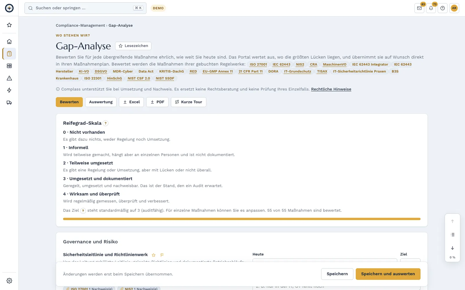 Gap analysis of the demo company with maturity scale and rating per measure