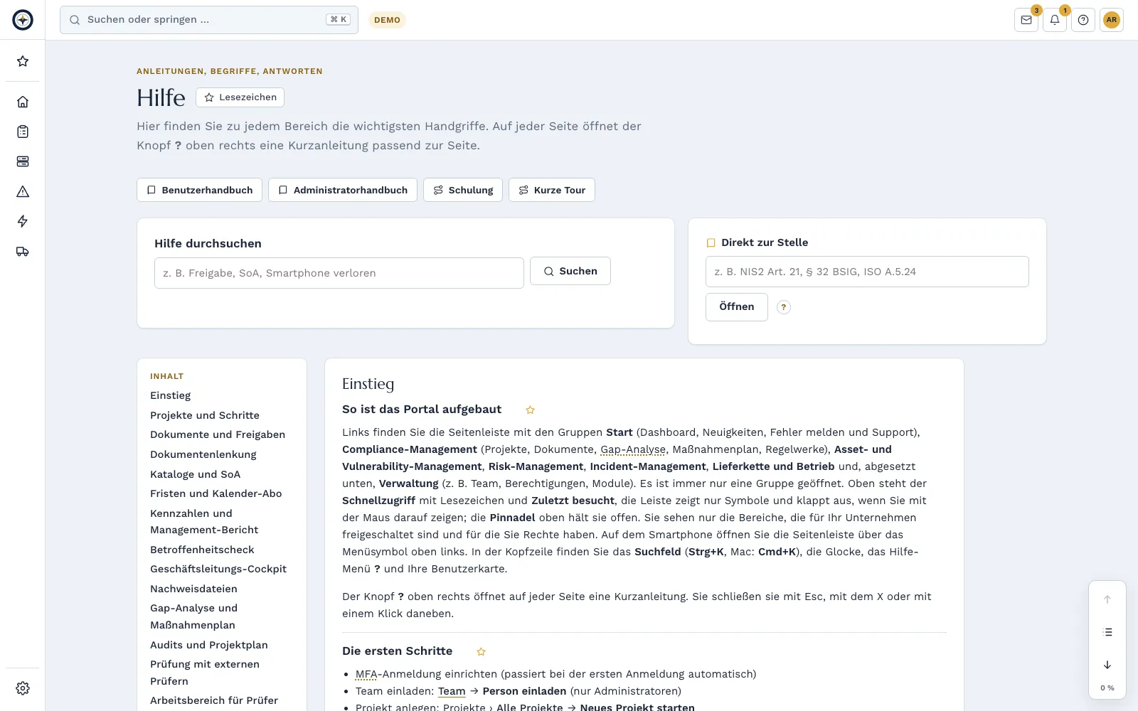 Help page with search and “go to reference”
