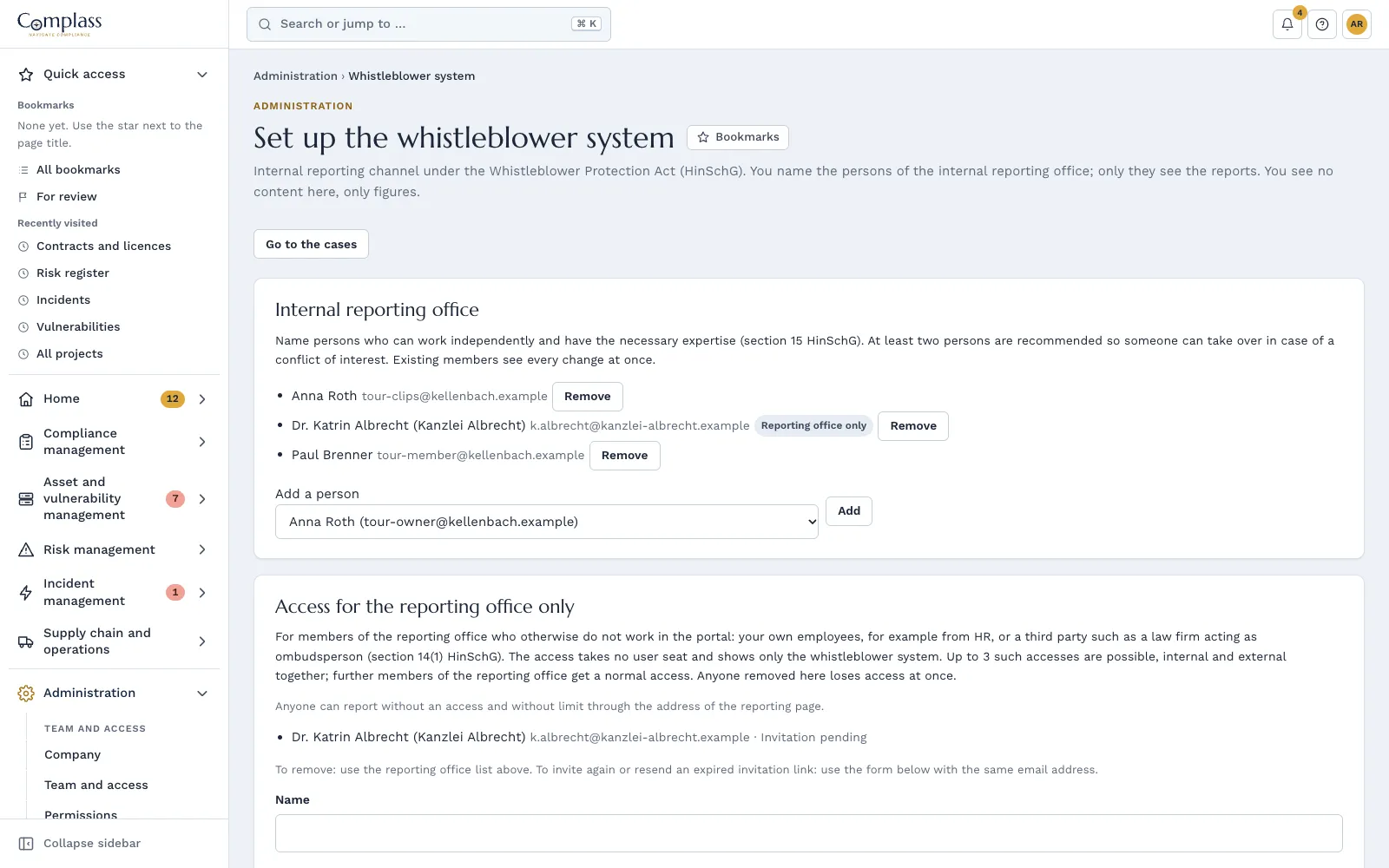 Setting up the whistleblower system in Complass: reporting office with internal members and an external ombudsperson (sample data)