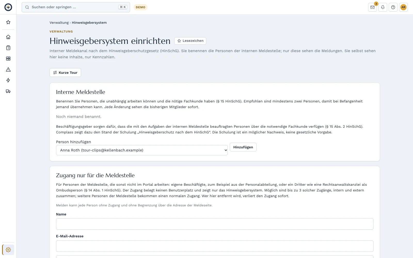 Einrichtung des Hinweisgebersystems in Complass: Meldestelle mit internen Personen und externer Ombudsperson (Beispieldaten)