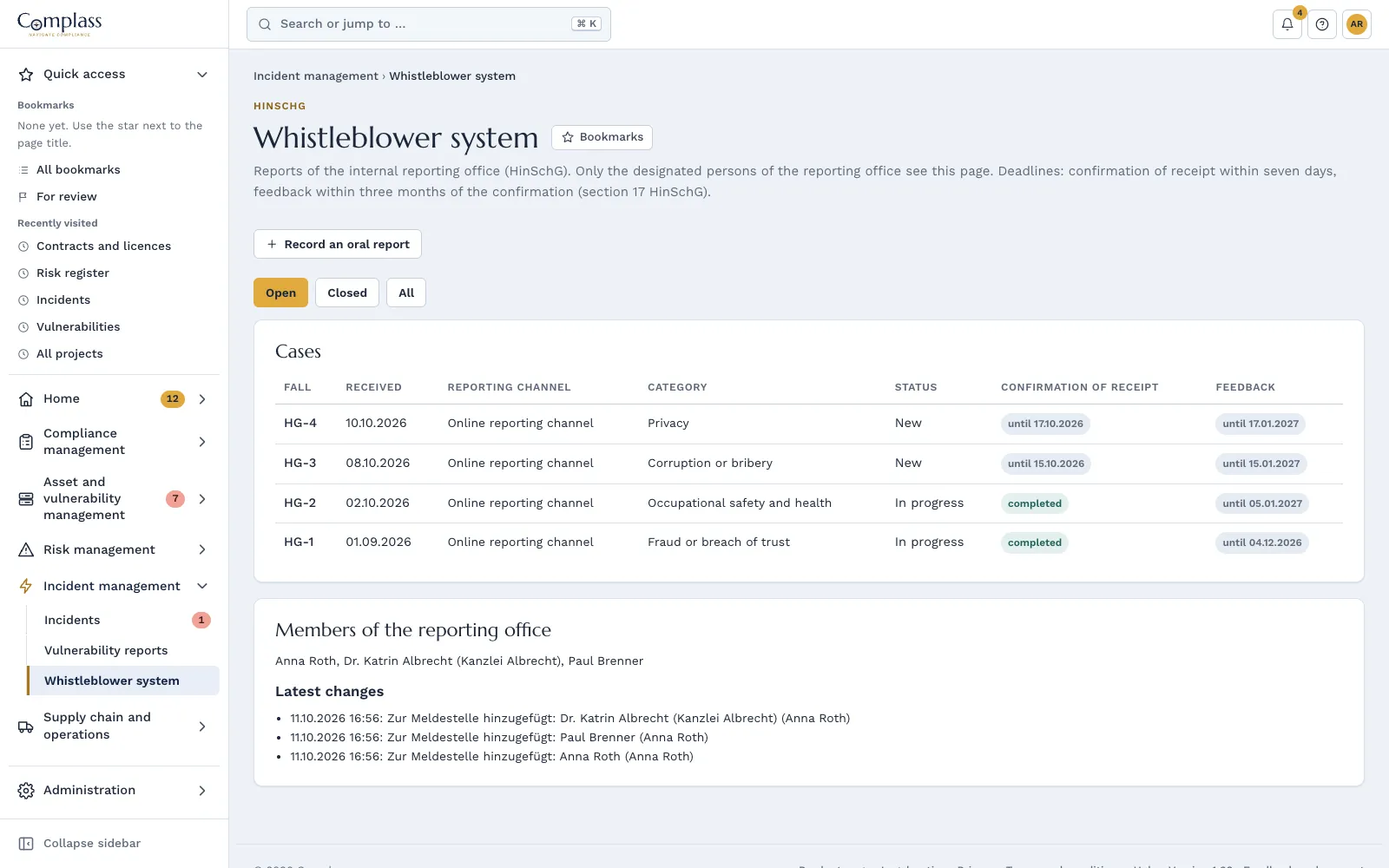 Whistleblower system in Complass: reports with date of receipt, status and the deadlines for acknowledgement and feedback (sample data)