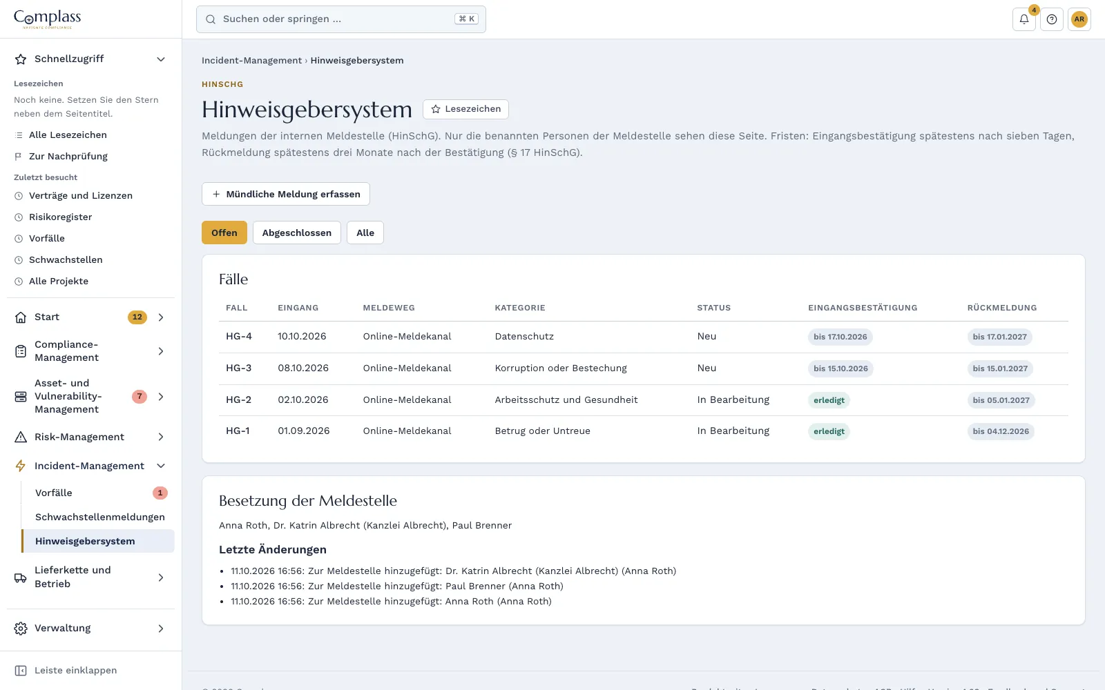 Hinweisgebersystem in Complass: Meldungen mit Eingangsdatum, Status und den Fristen für Eingangsbestätigung und Rückmeldung (Beispieldaten)