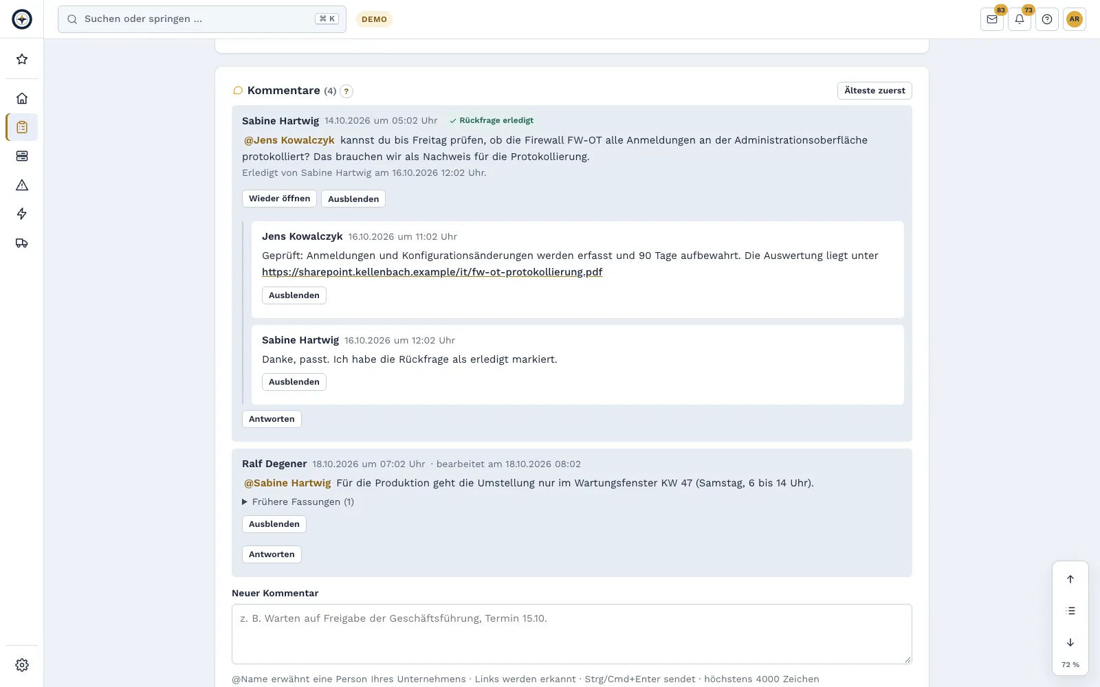Comment thread on a task with mentions and a resolved question