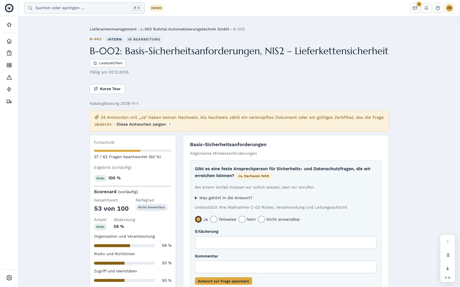 Questionnaire of a demo supplier with progress, provisional result and questions with guidance