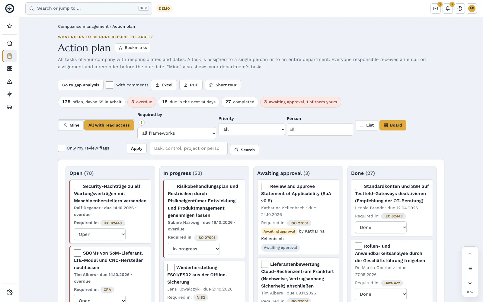 Action plan of the demo company as a board with the column “Awaiting approval”