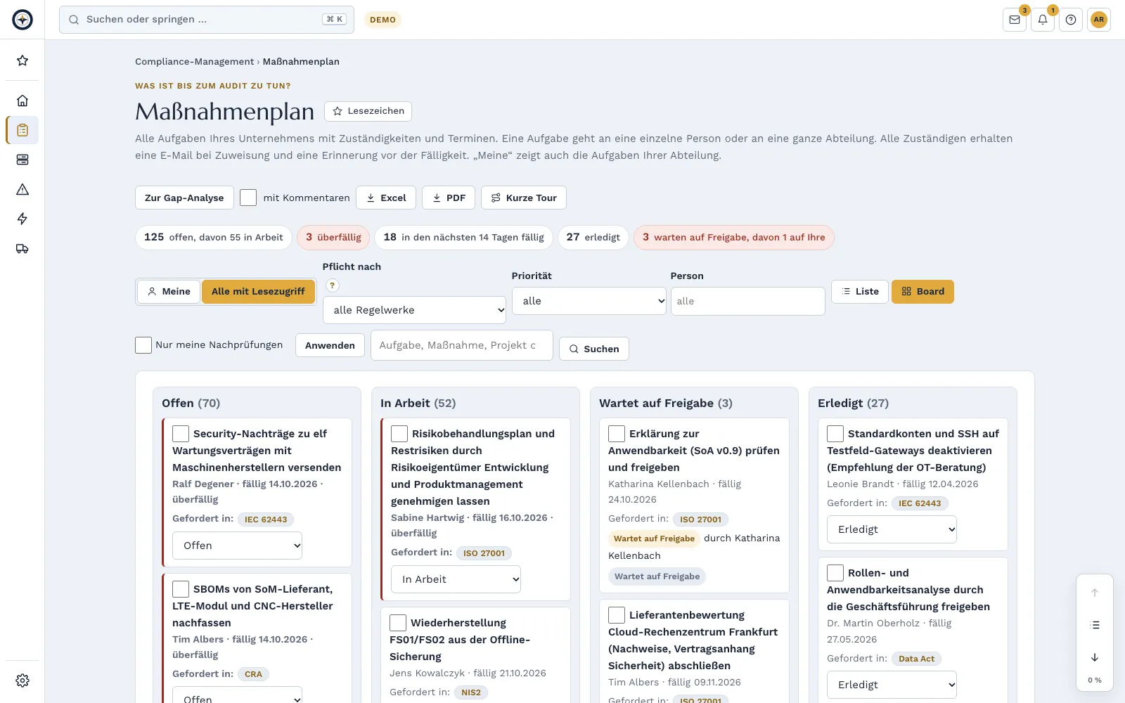 Maßnahmenplan der Demo-Firma als Board mit der Spalte „Wartet auf Freigabe“