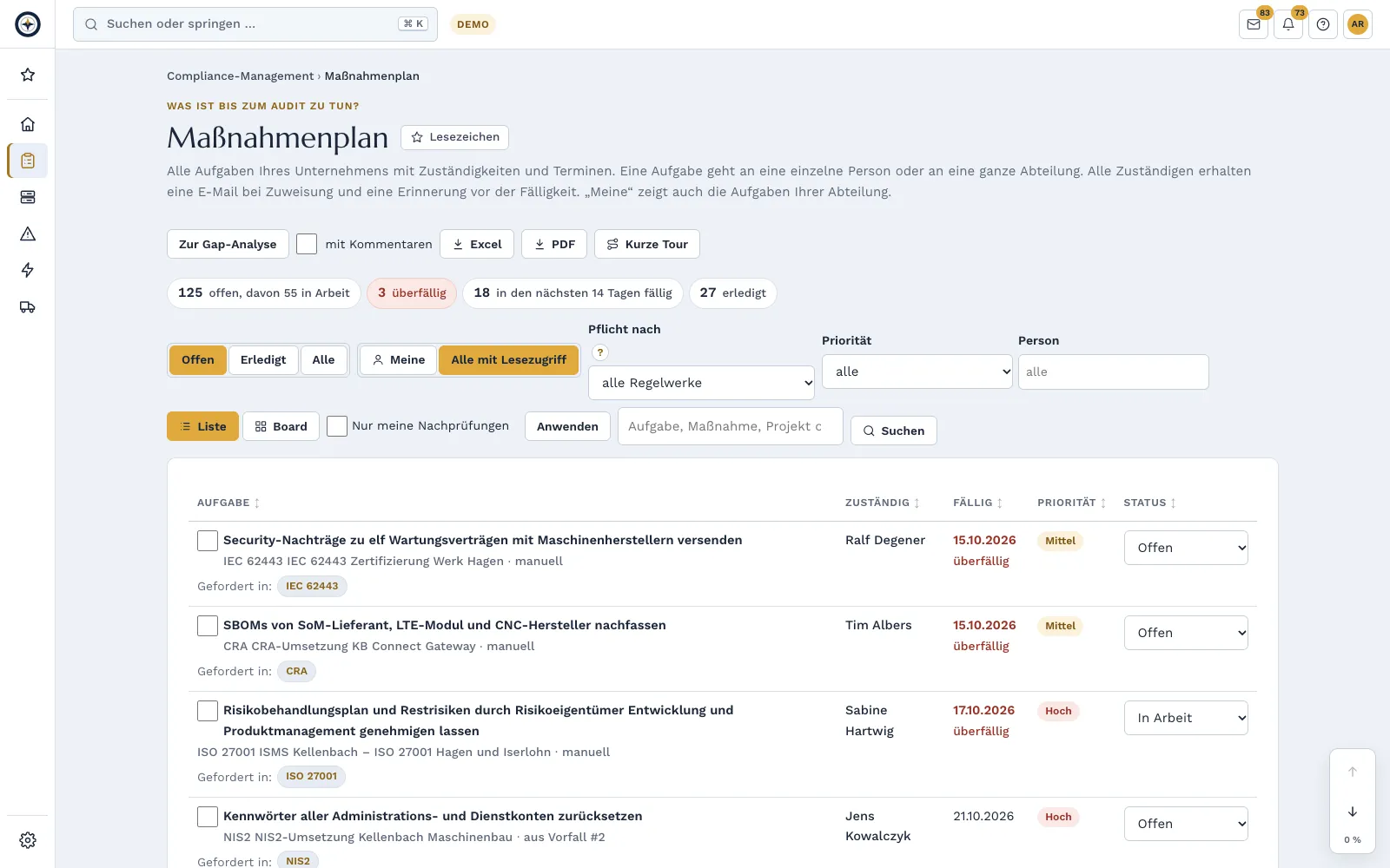 Maßnahmenplan mit Verantwortlichen, Fristen und Status in Complass (Beispielprojekt)