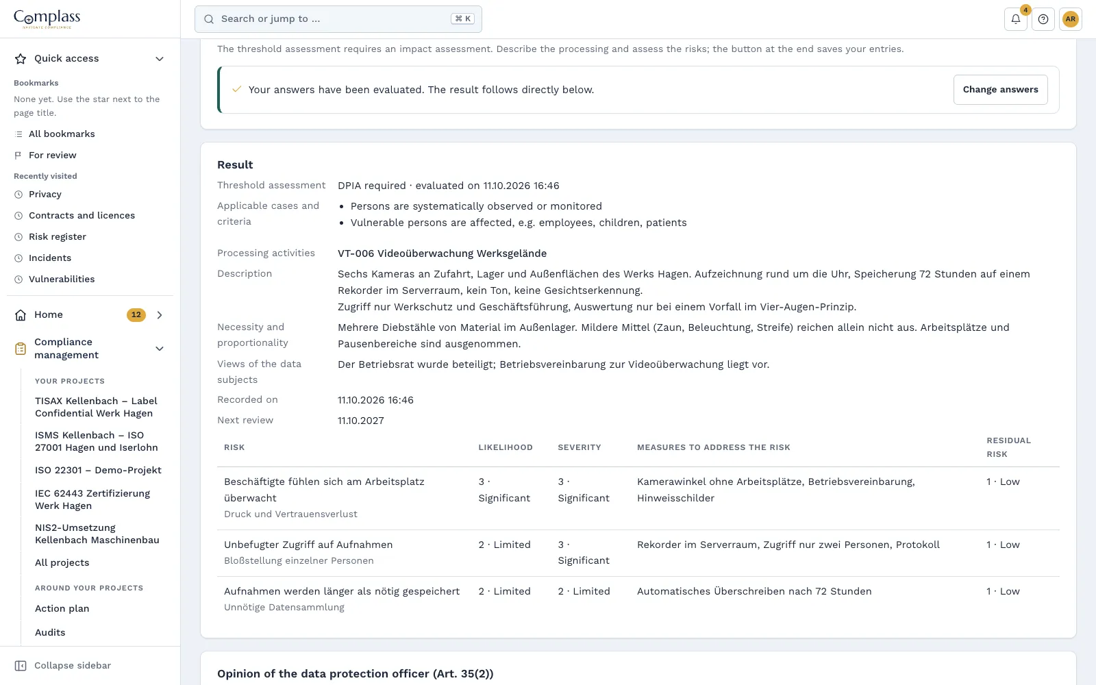 Result of a data protection impact assessment of the demo company: threshold check, description and risks with residual risk