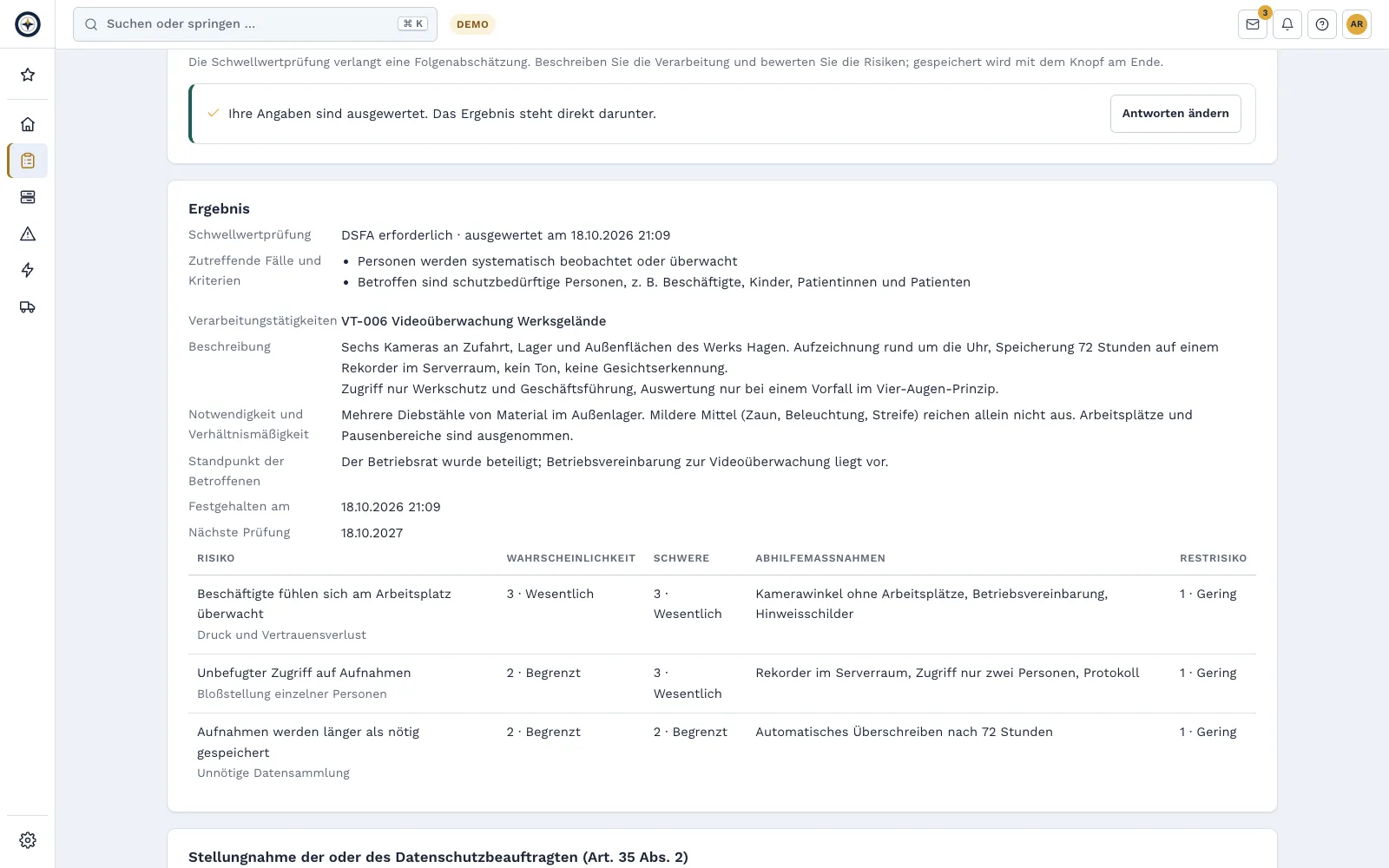 Ergebnis einer Datenschutz-Folgenabschätzung der Demo-Firma: Schwellwertprüfung, Beschreibung und Risiken mit Restrisiko