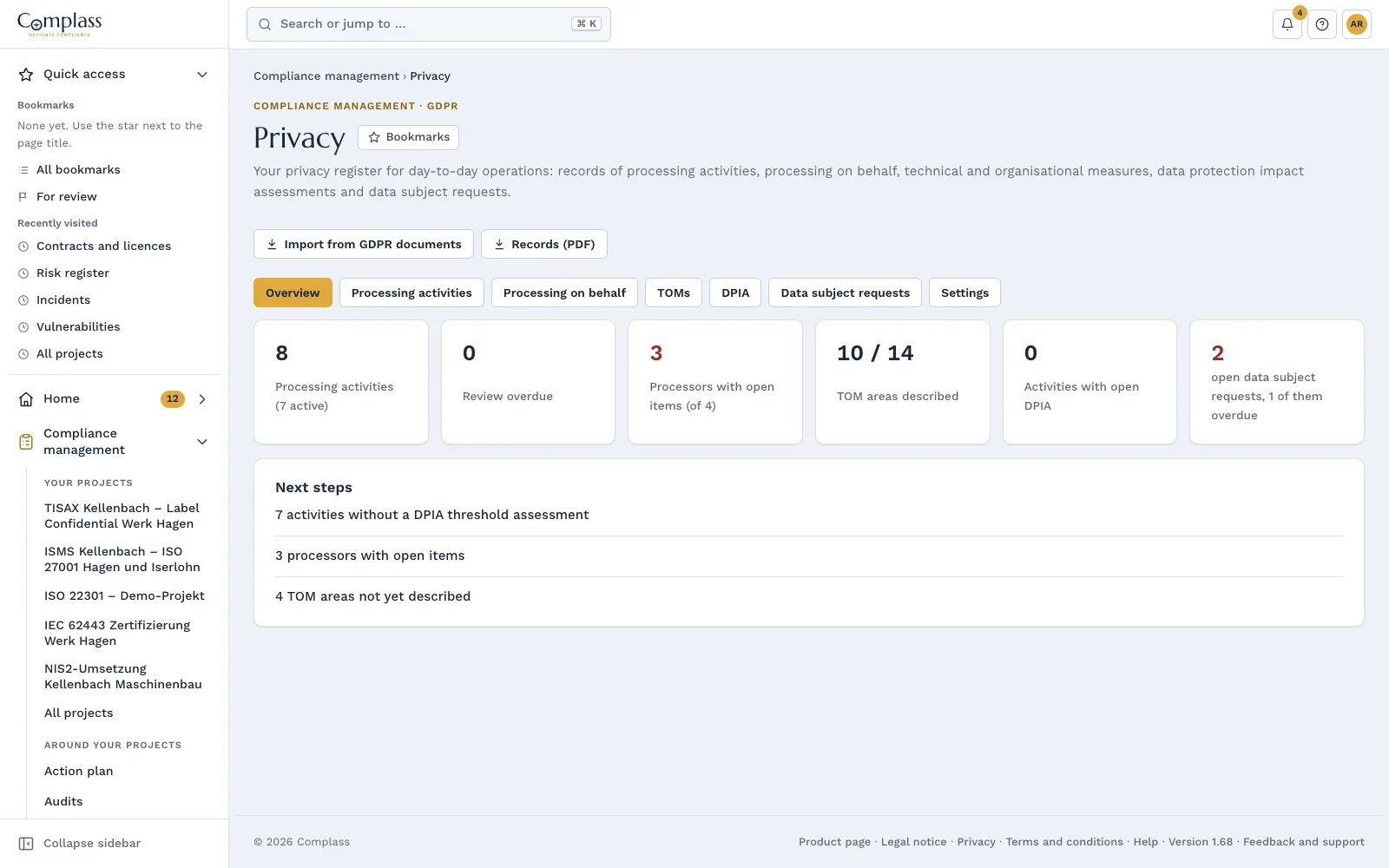 Privacy overview of the demo company with figures on processing activities, processors, TOMs and data subject requests and the next steps
