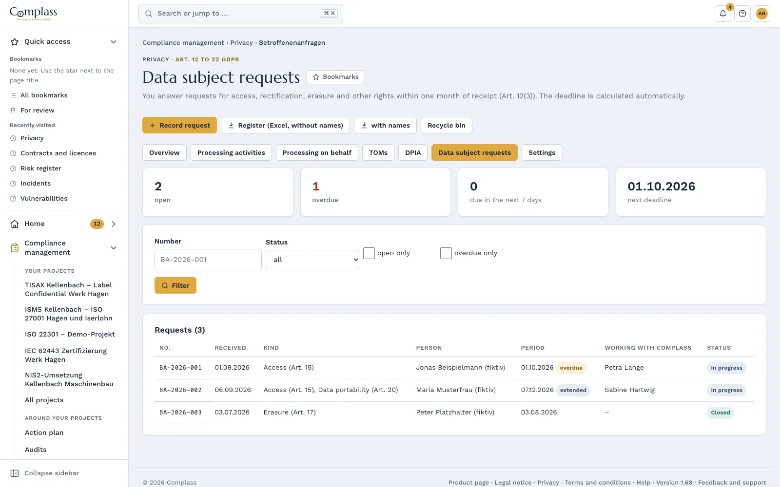 List of data subject requests of the demo company with calculated deadline, status and one overdue request