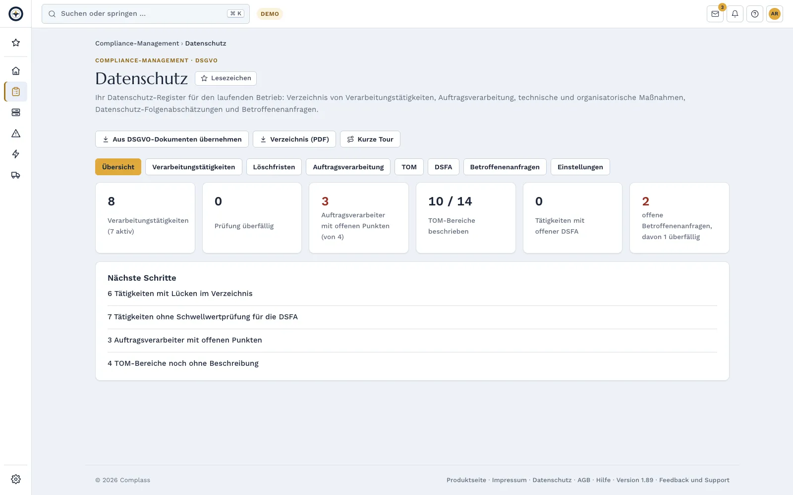Übersicht Datenschutz der Demo-Firma mit Zahlen zu Verarbeitungstätigkeiten, Auftragsverarbeitern, TOM und Betroffenenanfragen und den nächsten Schritten