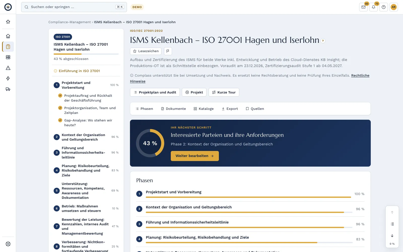Geführtes Compliance-Projekt: Phasen und Schritte mit Fortschritt und „Ihr nächster Schritt“.