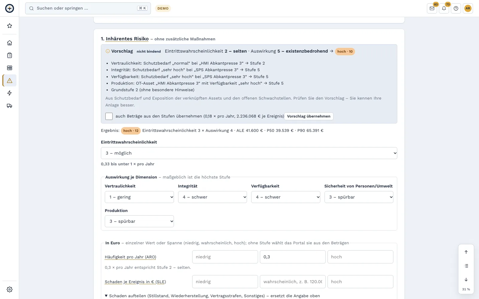 Assessment of a risk with proposal, matrix and amounts (ALE, P50, P90)