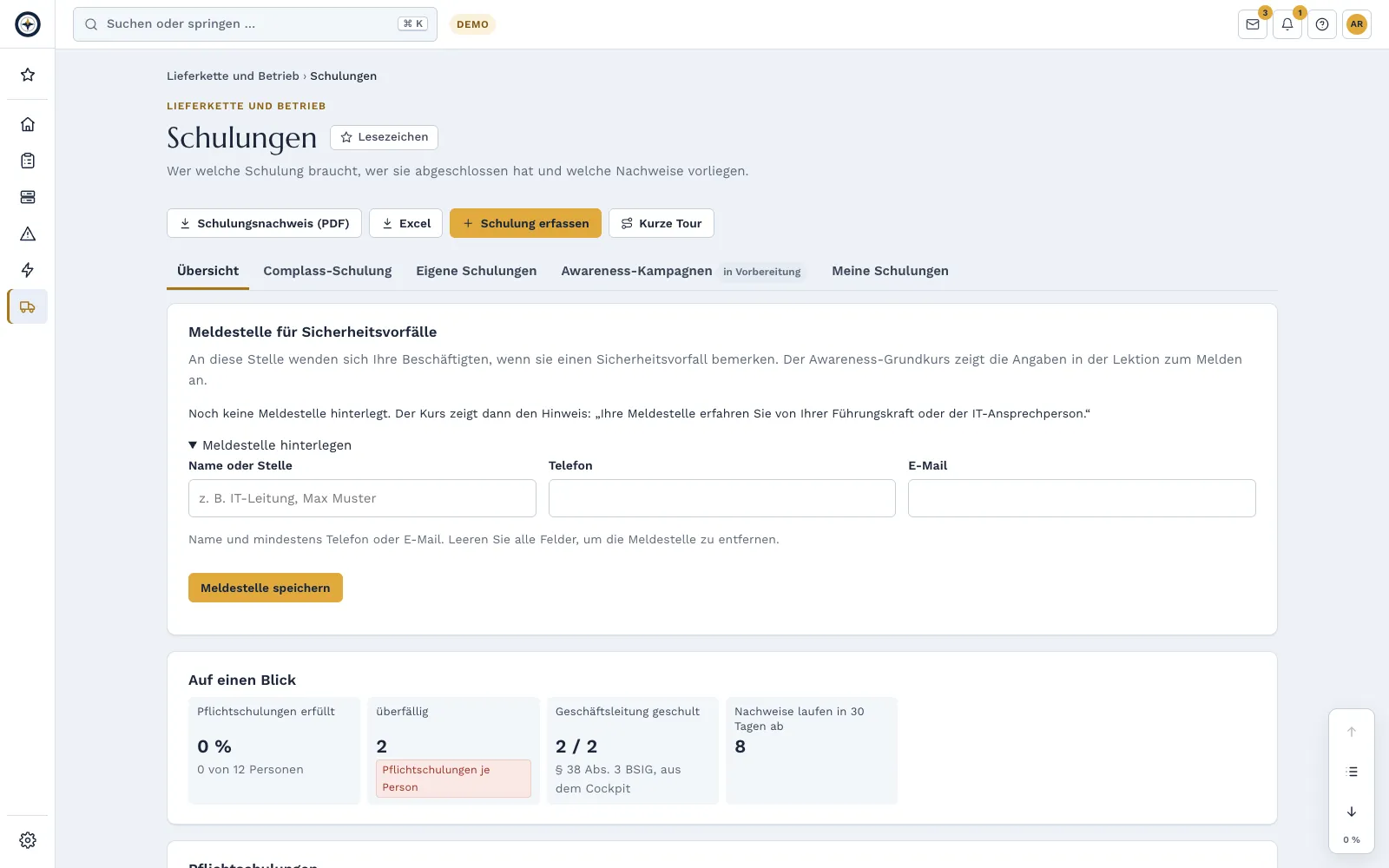 Training overview of the demo company with mandatory trainings, completion rate and expiring evidence