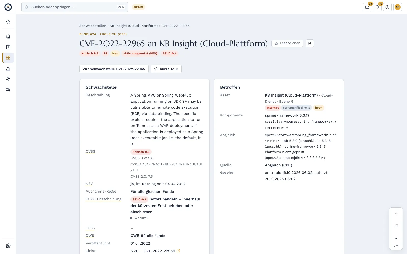 Finding on the KB Insight customer portal with CVSS, KEV, SSVC decision and the affected asset
