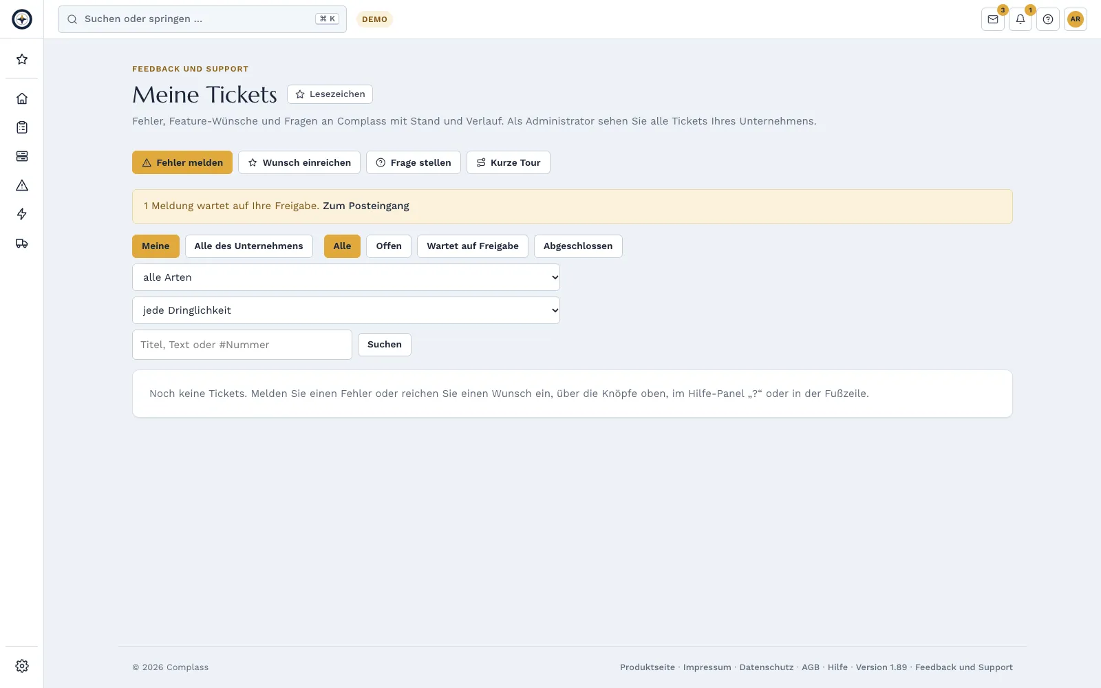 Feedback and support: list of tickets