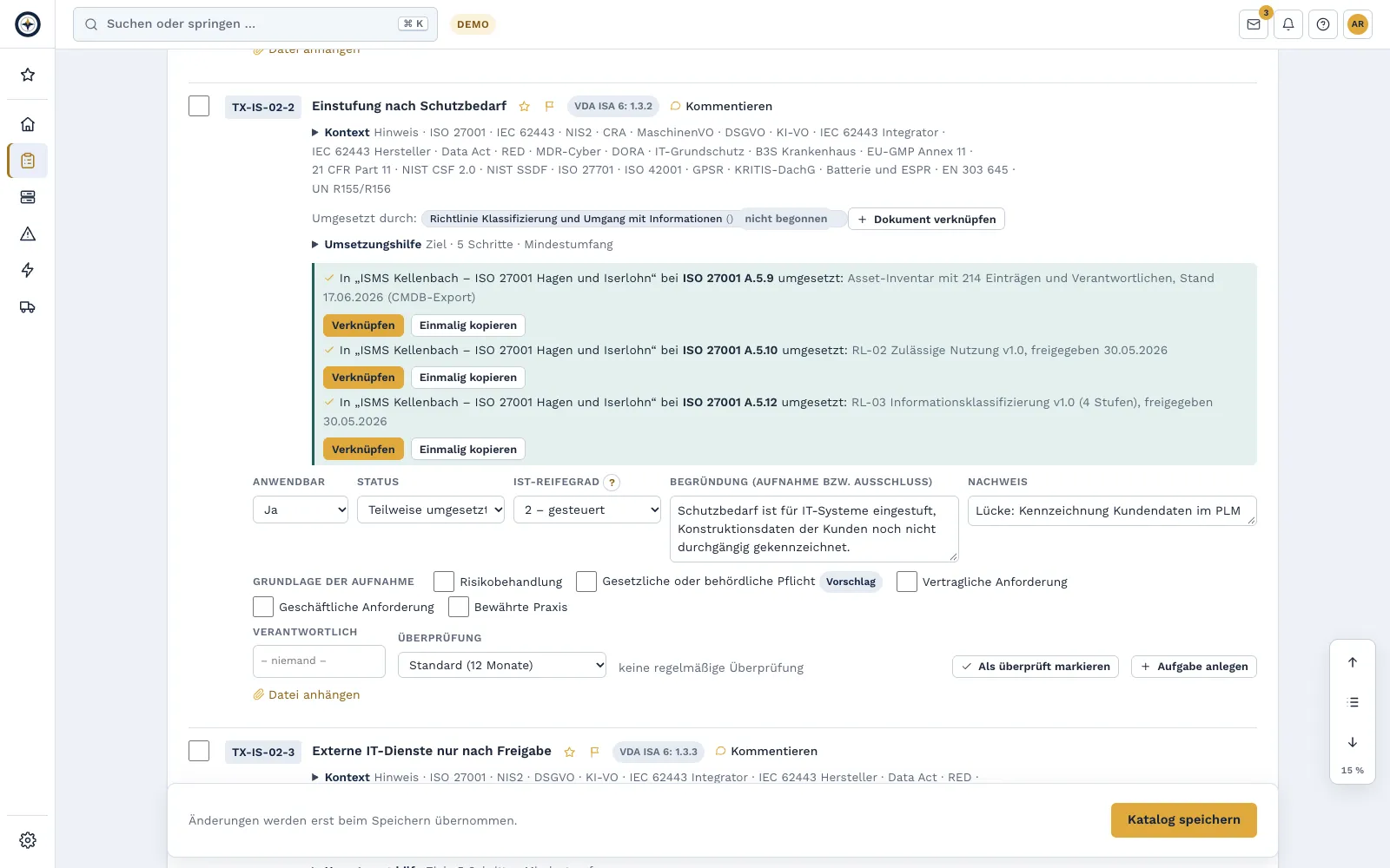 Assessment of a requirement in Complass: current maturity level, status, justification and evidence (sample project)