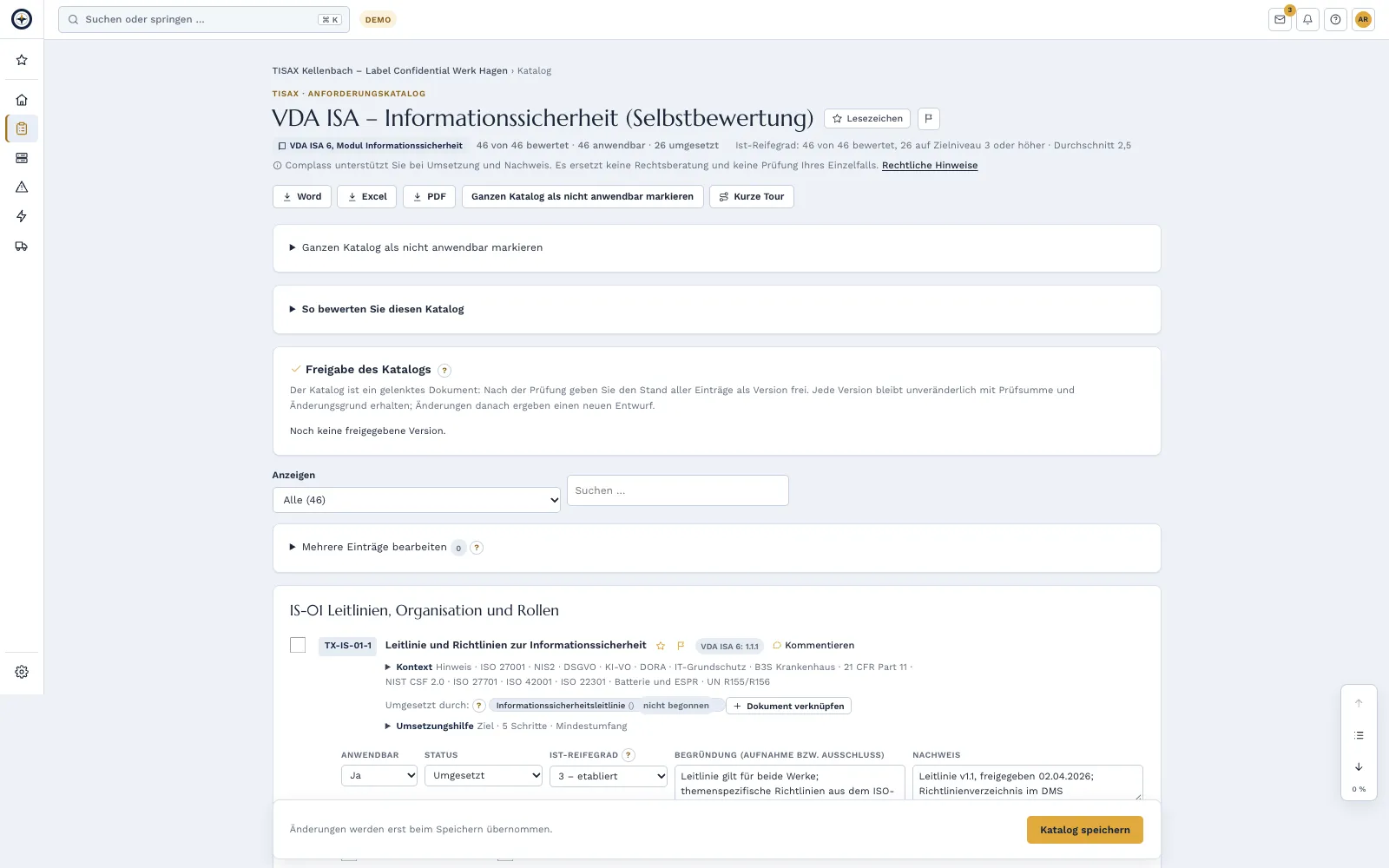 Self-assessment in the Complass TISAX project: requirements with VDA ISA number, status and current maturity level against the target of 3 (sample project)