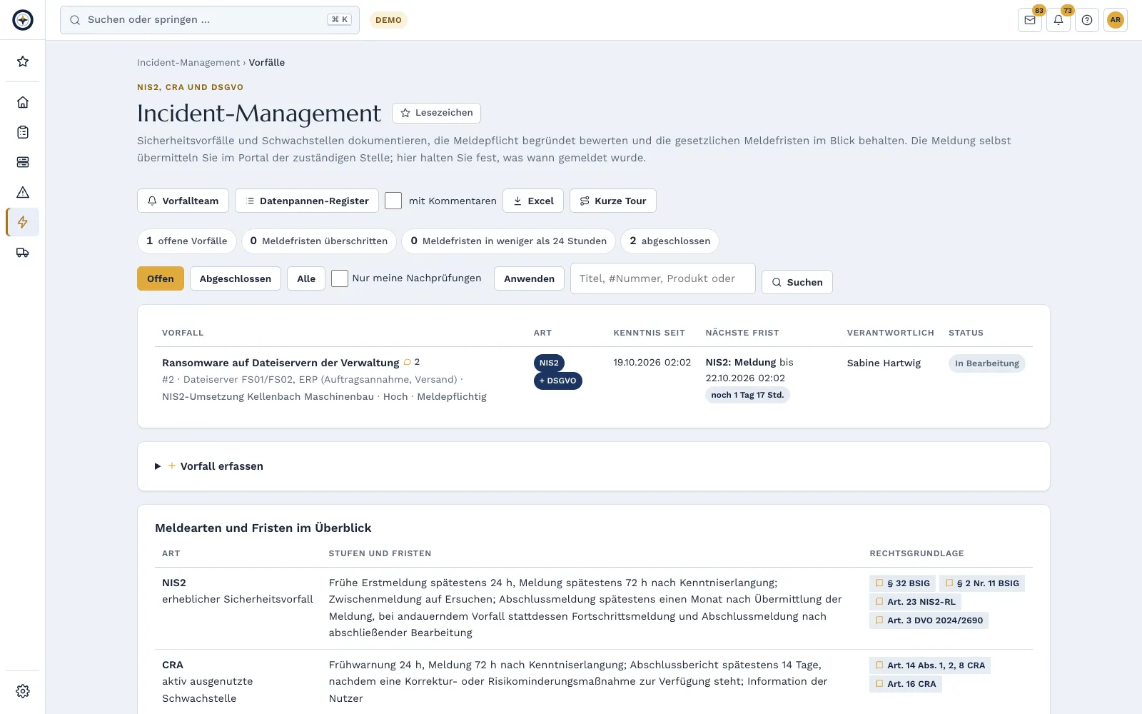 Incident list with the running ransomware incident and its next reporting deadline